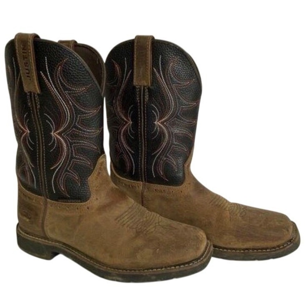 Justin Mens Waterproof Soft Square Toe Cowboy Work Boots Brown Black‎ Size 9D